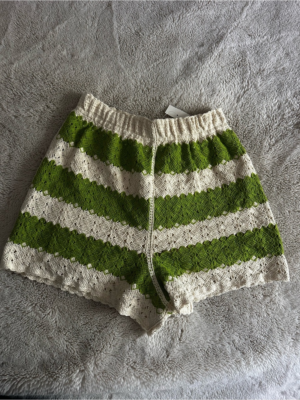 Rebellion Olive Green and Cream Crochet High-Waist Shorts